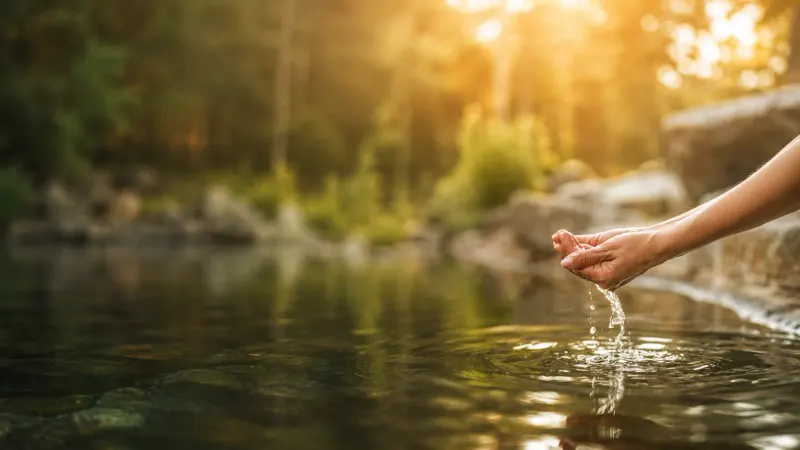 A hand catching clear water from a mountain stream in warm evening light