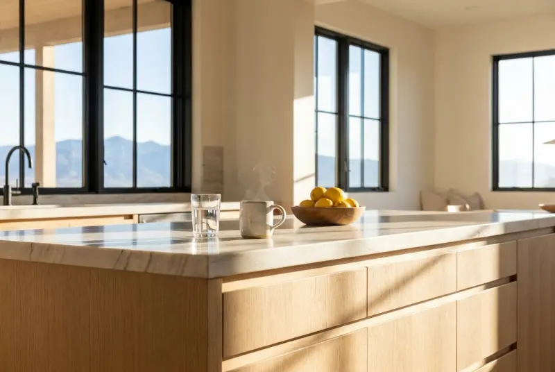 A glass of water and a mug on a pale oak kitchen island, tall windows behind them framing snowcapped mountains
