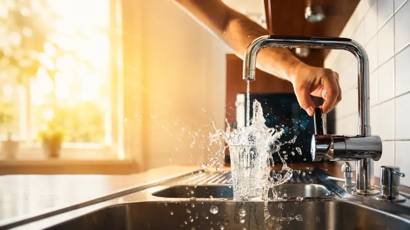 A glass filling with tap water at a sunlit kitchen sink