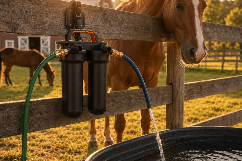 Portable Sentry H2O filter on a paddock fence filling a horse trough while a horse looks on