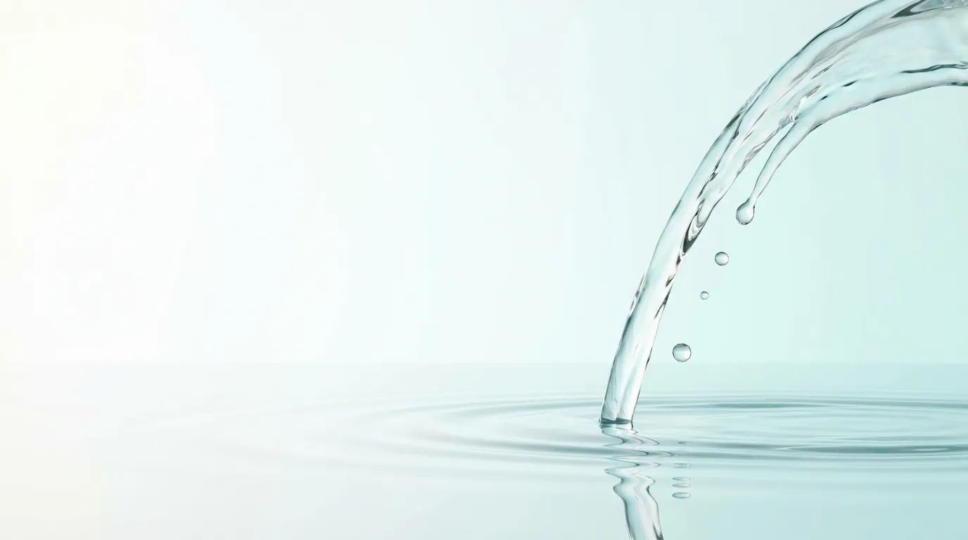 A clear arc of water falling into still water against a pale blue background