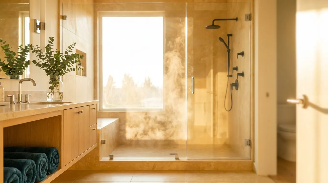 Sunlit bathroom with a steamy walk-in shower and a vanity basin — whole-home filtration treats every one of these taps, not just the kitchen sink
