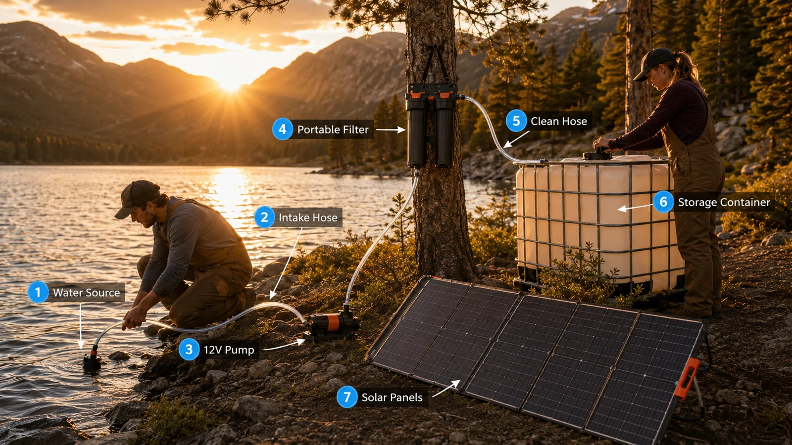 Labeled diagram: water source, intake hose, 12V pump, portable filter, clean hose, storage container, and a portable solar array beside an alpine lake