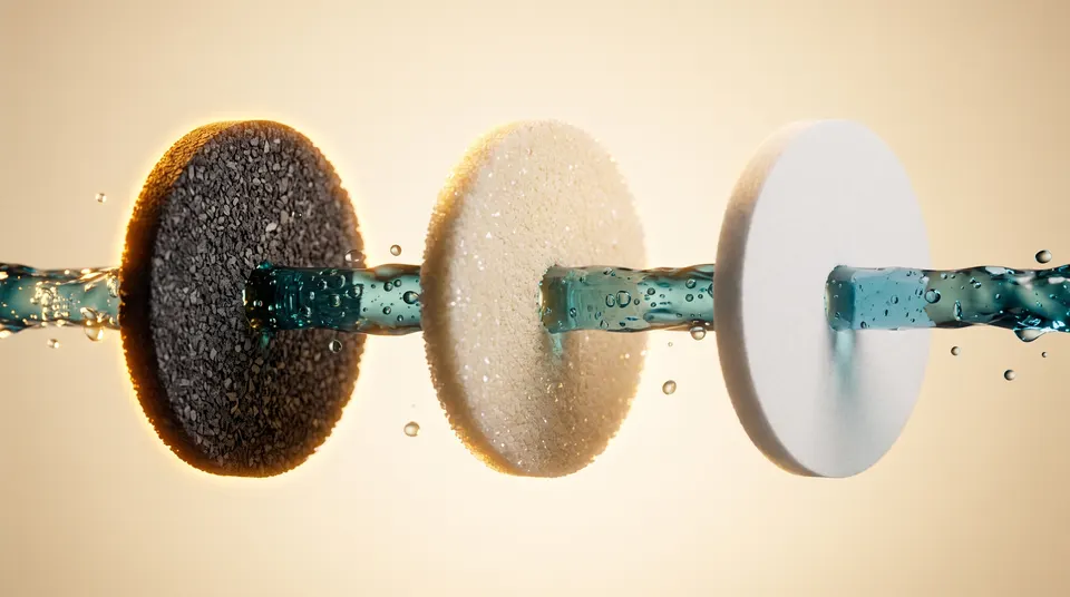 Exploded view of the Sentry H2O filter stages, with media discs and water threading through them