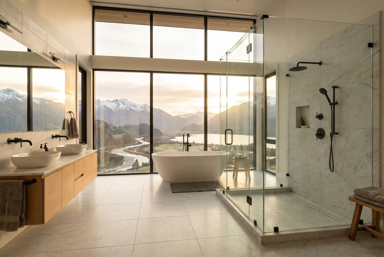 A bright modern luxury spa bathroom at golden hour with a clean walk-in glass shower